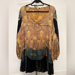 Custo Barcelona Silk Blend Print Dress Velvet Hem Boho Spain Size 38 US 4